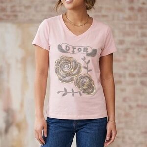 Dior Vintage Pink Tee with Sequined Rose Motif